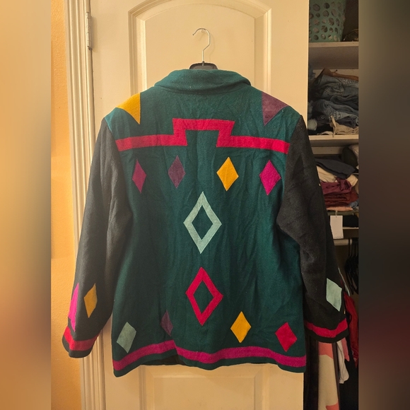 Braetan wool mix blazer size large womens? Green with colorful suede patches - Picture 2 of 8